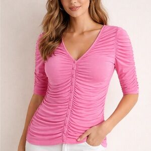 Boston Proper Pink Ruched V-Neck Top